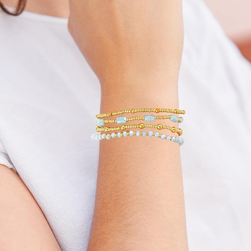 Pymach Store Dainty Gold Plated Pearl Crystal Beaded Bracelets Set for Women 14K Gold Plated Bead Pearl Beads Bracelet Stackable Paperclip Link Chain Bracelets Gold Plated Bracelets for Women Trendy Jewelry - Image 4